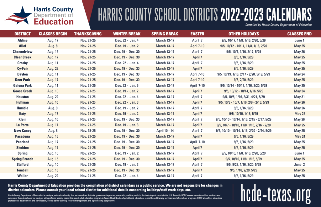 HCDE Releases 2022 2023 Comprehensive School Calendar For 25 Harris 