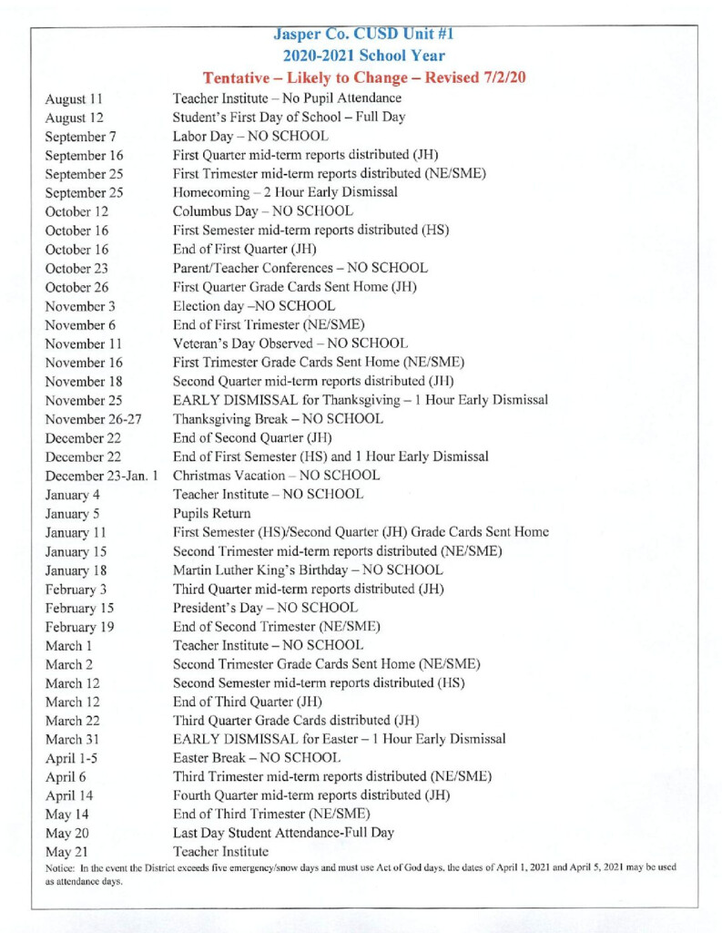 JCCU1 Year Long TENTATIVE Calendar Jasper County Daily News