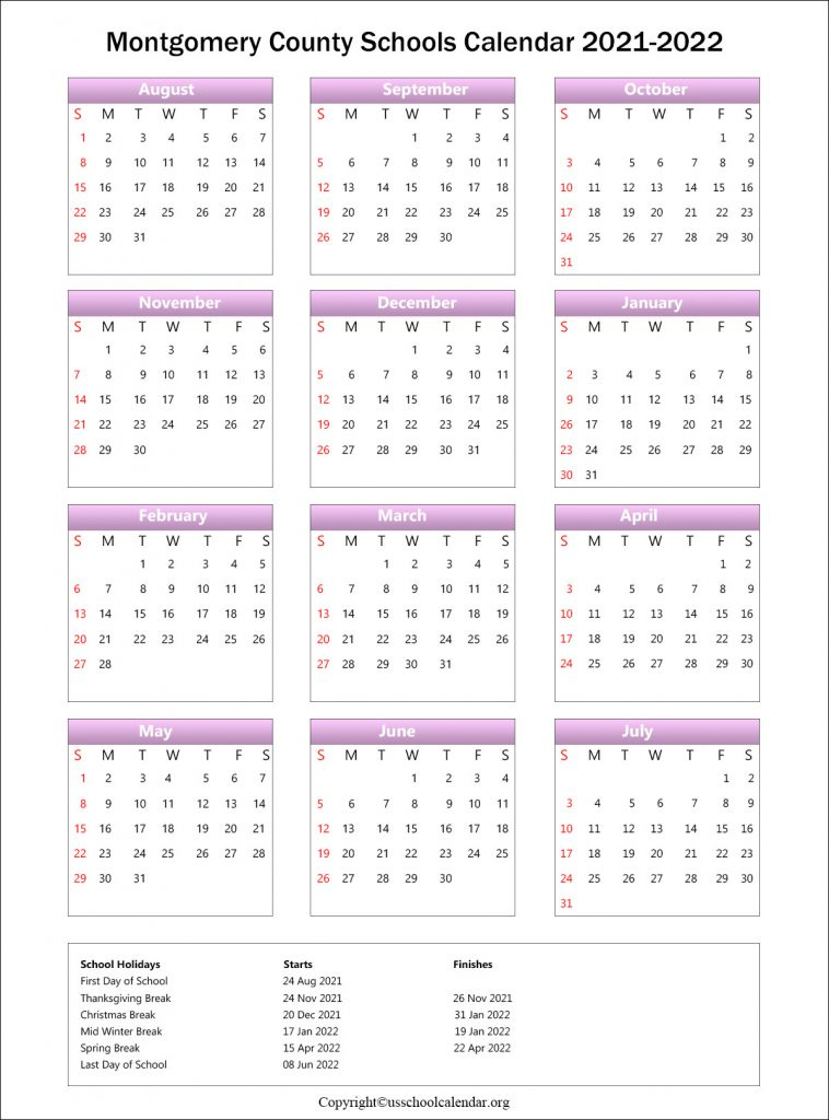 Montgomery County Schools Calendar With Holidays 2021 2022