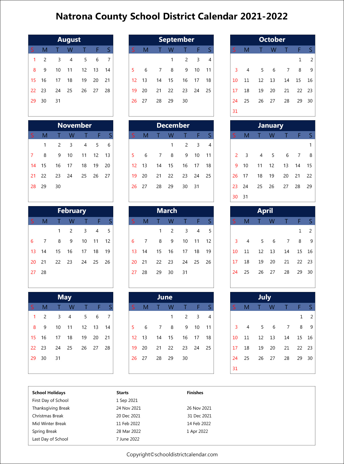 Natrona County School District Calendar Holidays 2021 2022