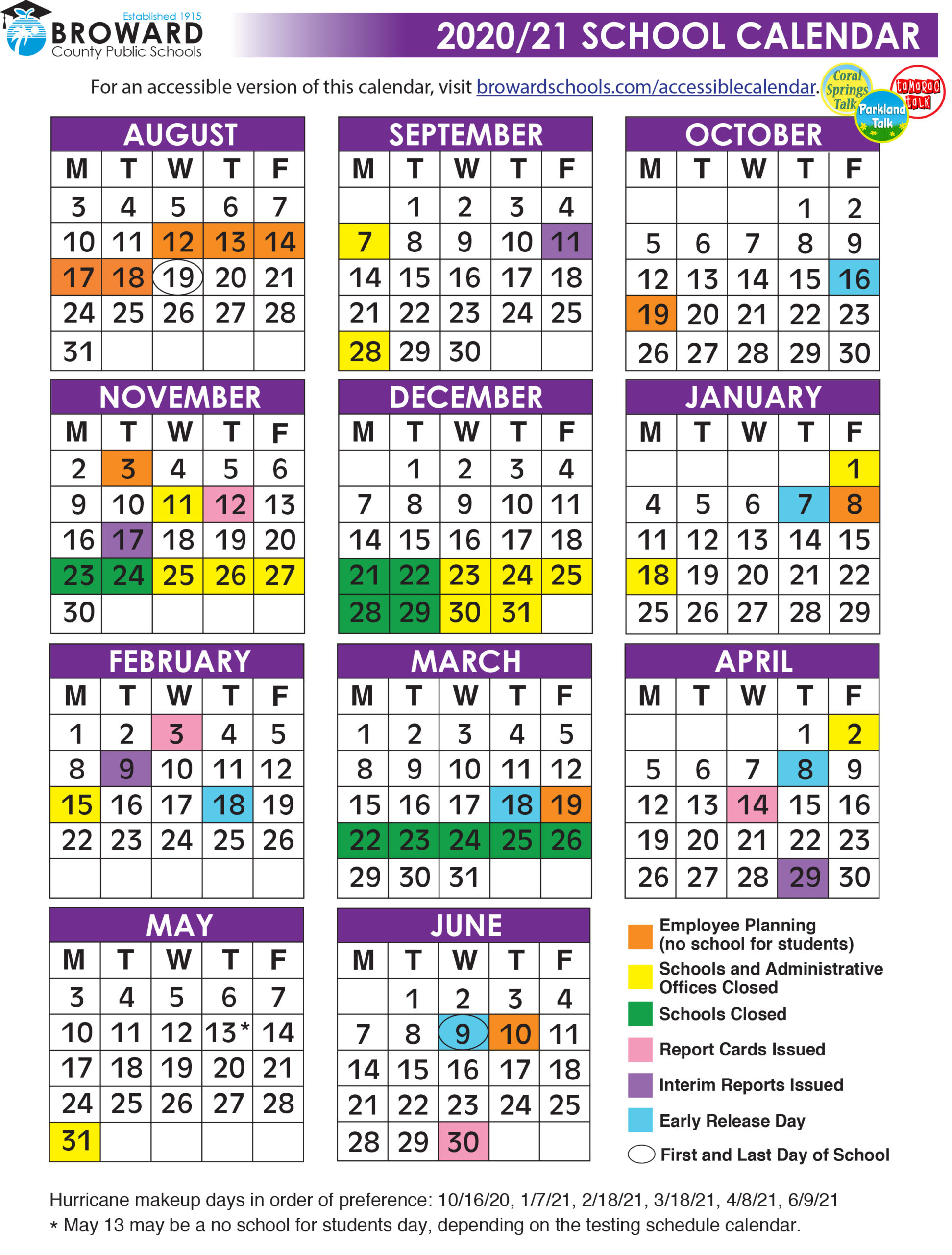 Official 2020 21 Broward County Public Schools Color Calendar Tamarac