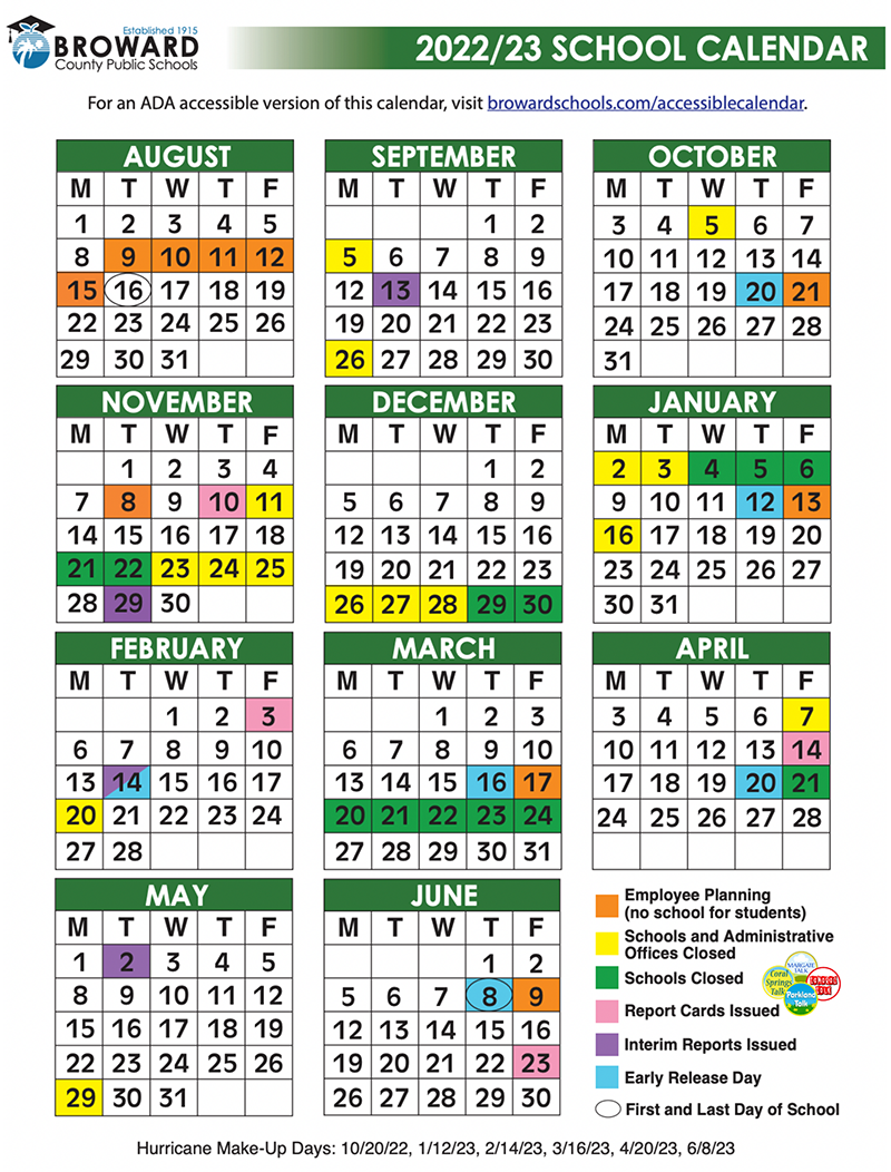 Official 2022 23 Broward County Public Schools Color Calendar Coral
