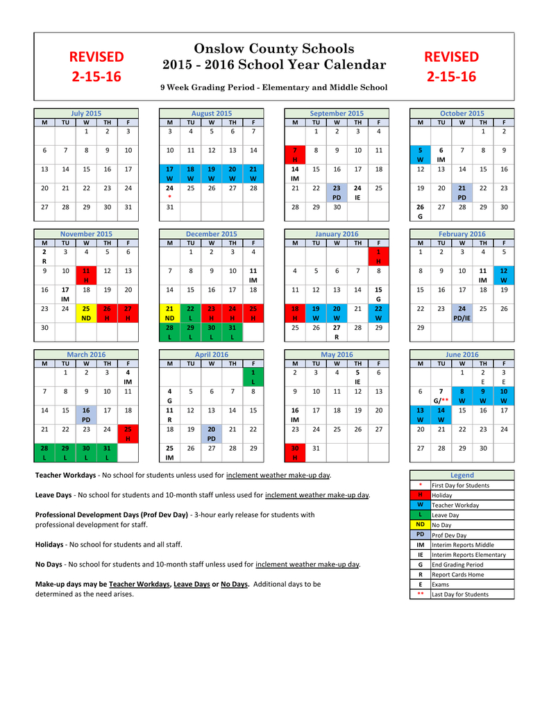 Onslow County 9 Week Calendar Calendar Printables Free Templates