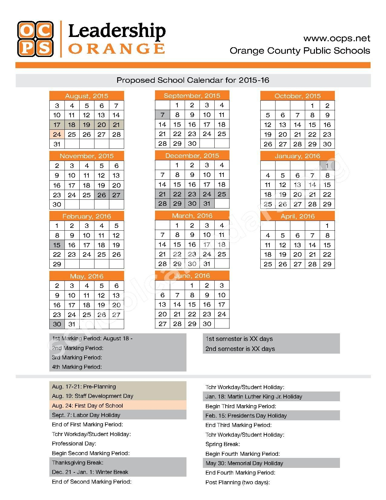 Orange County School Calendar Printable File Download Https www