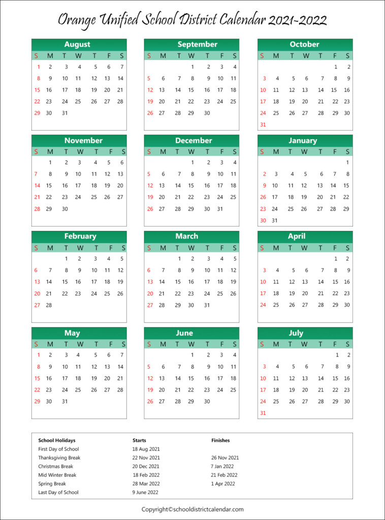 Orange Unified School District Calendar Holidays 2021 2022