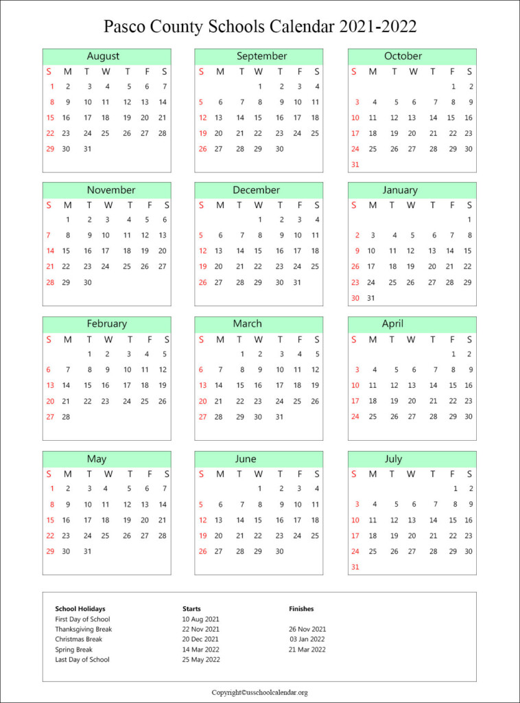 Pasco County School Calendar With Holidays 2021 2022