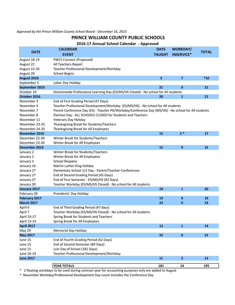 Prince William County Schools Calendar Qualads