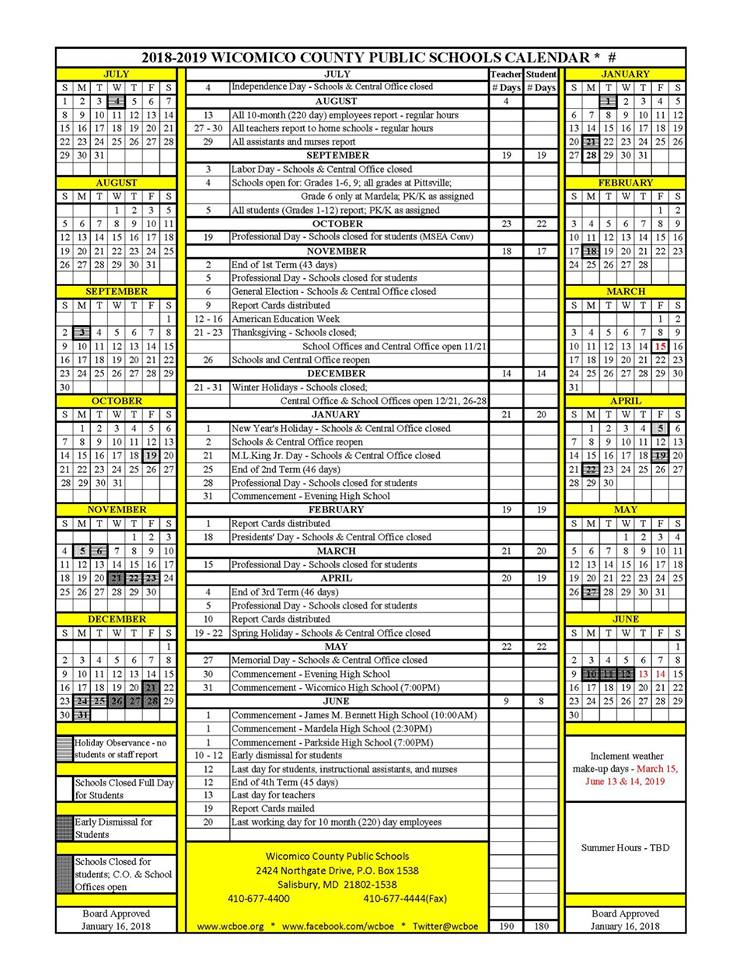 Salisbury News Wicomico County Public School Calendar For 2018 2019