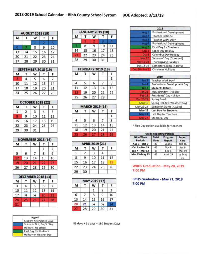 School Calendar 2018 2019 The Bibb Voice