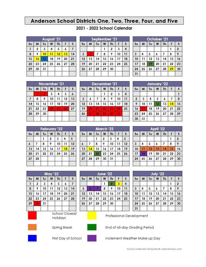 Anderson County District 1 Calendar - CountyCalendars.net