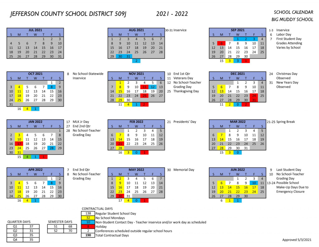 School District Calendar Jefferson County School District 509J