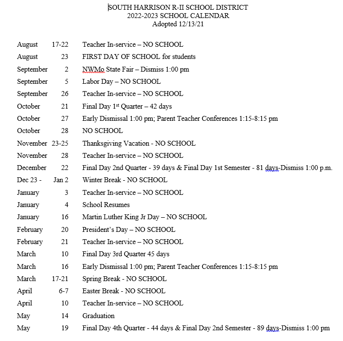 South Harrison County School District Calendar 2022 And 2023 