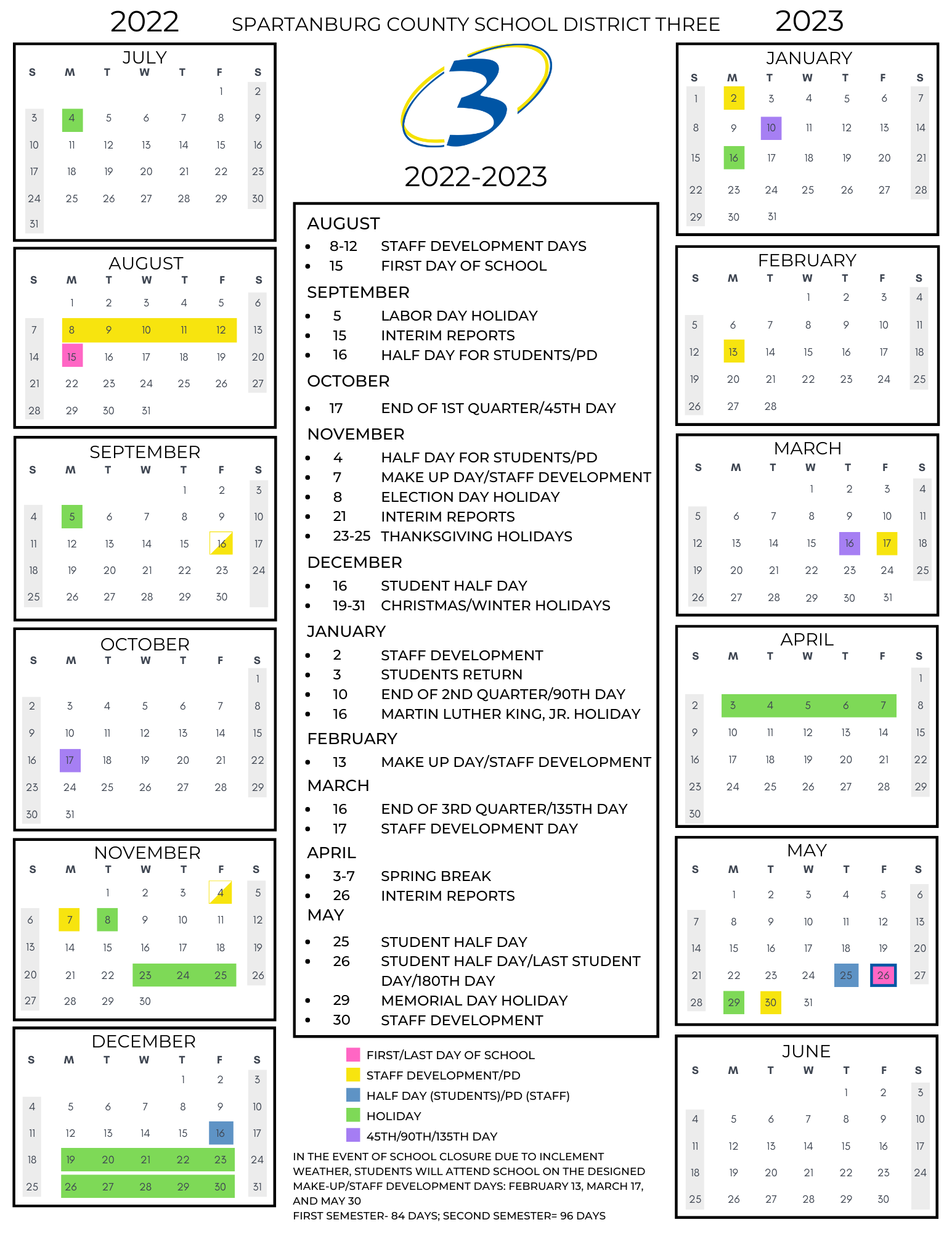 Spartanburg County School District 3 Calendar 2022 And 2023