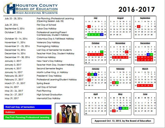 The HCBOE 2016 2017 School Calendar School Calendar Houston County 