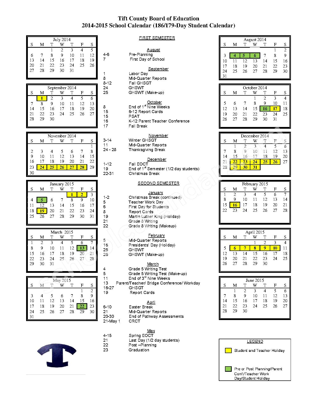 Tift County School District Calendars Tifton GA