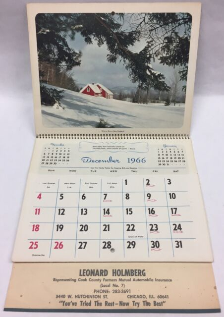 Vtg 1960 s Wall Calendar COOK COUNTY FARMERS INSURANCE Chicago 