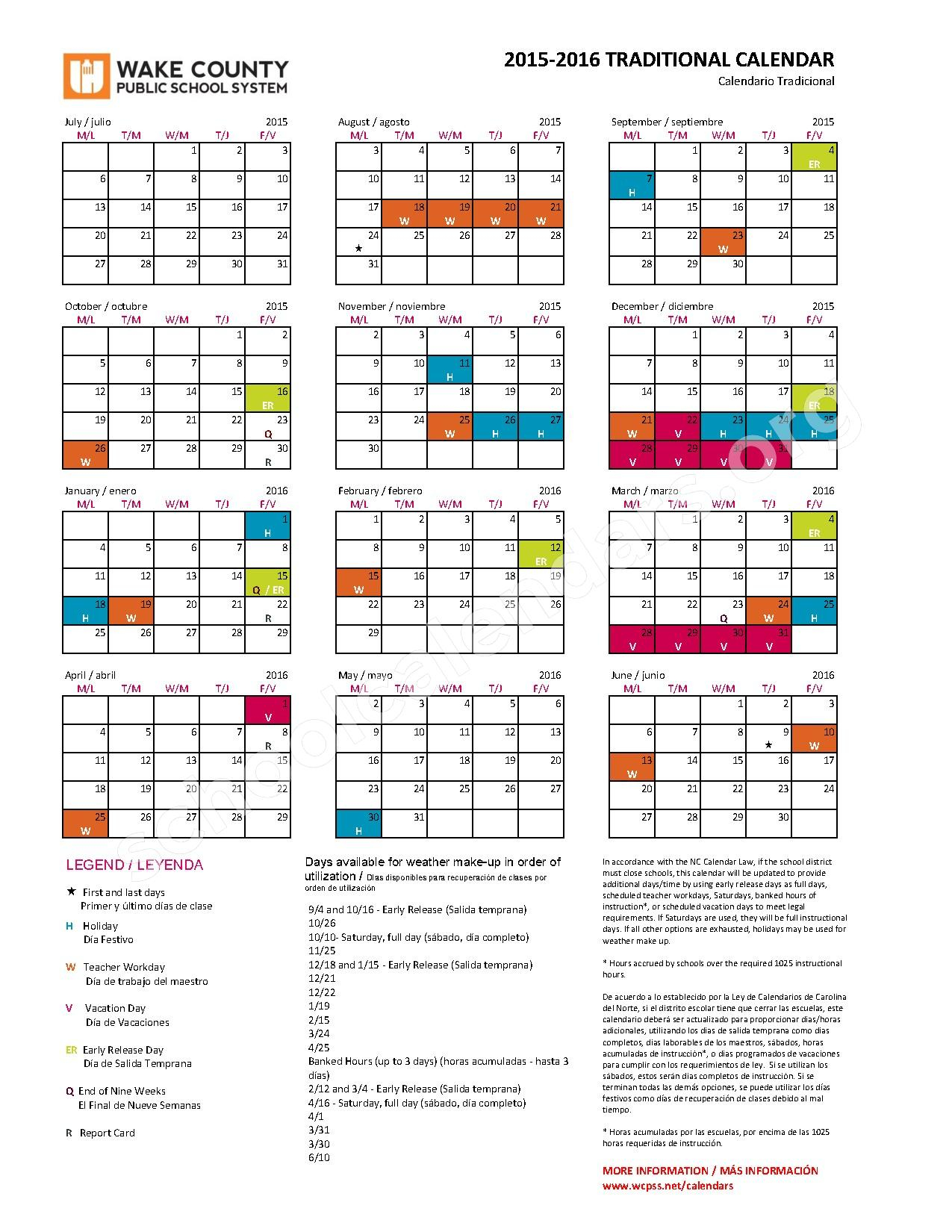 Wake County Traditional Calendar 2022