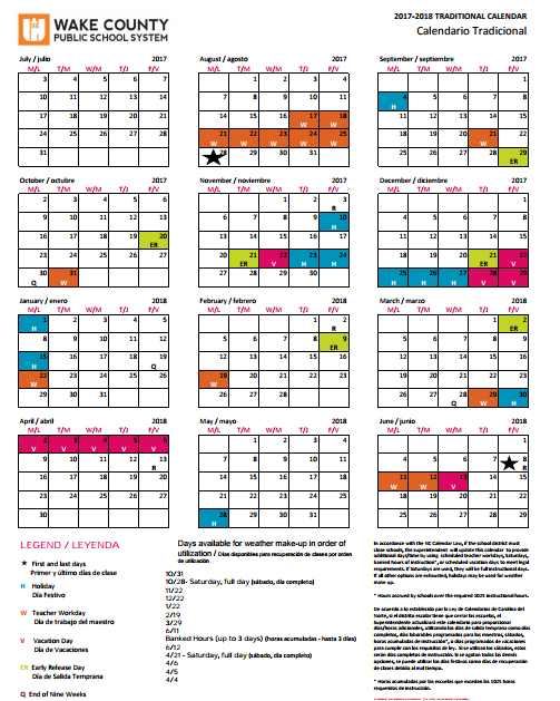 Traditional Wake County Calendar