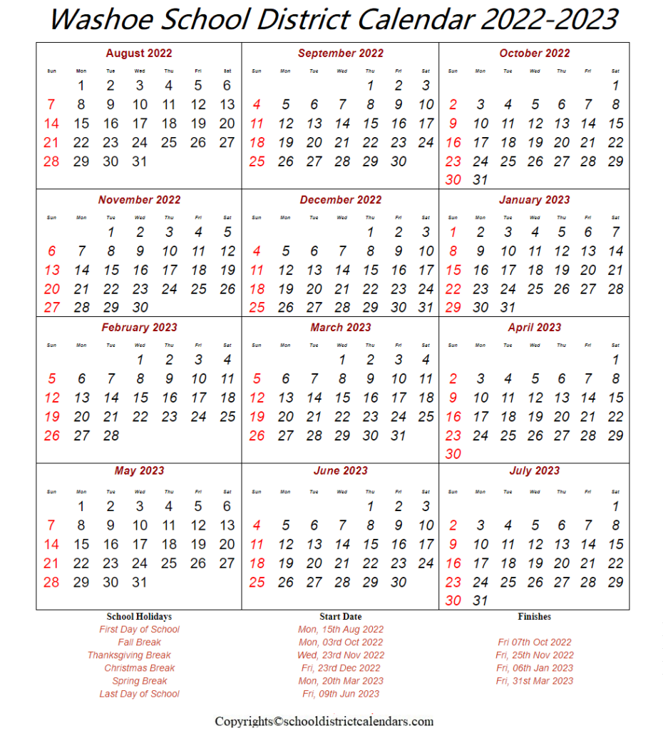 Washoe School District 2022 2023 Calendar With Holidays