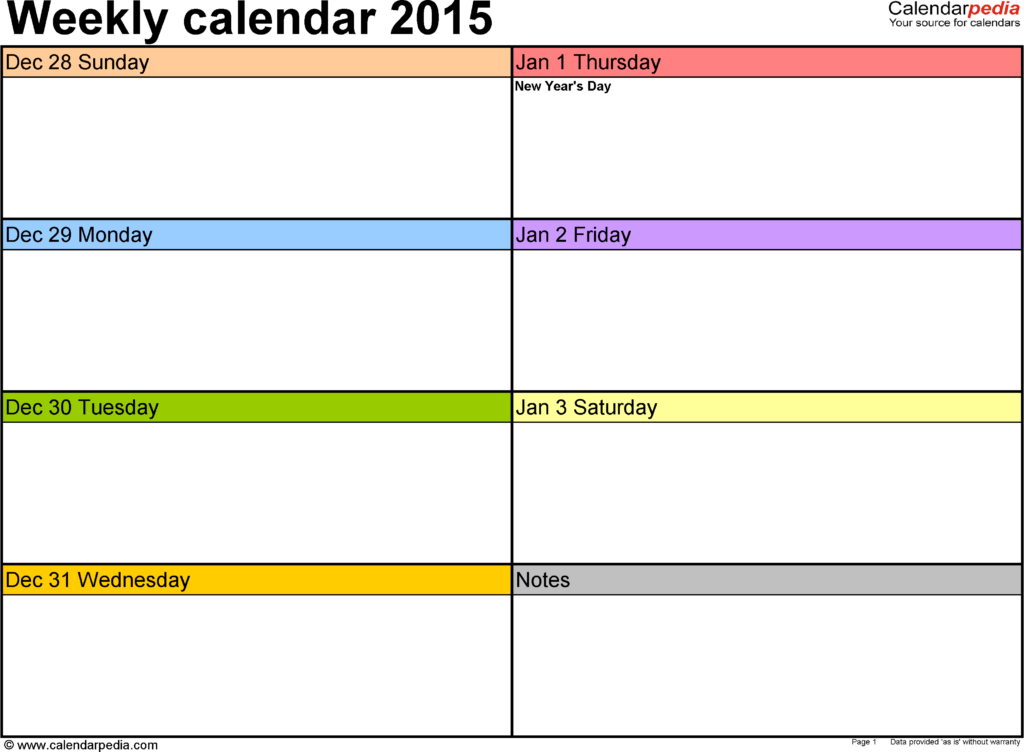 Weekly Calendars 2015 For Excel 12 Free Printable Templates