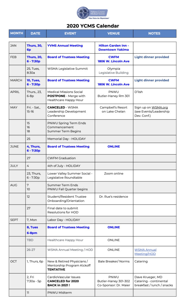 YCMS Calendar 2020 p1 Yakima County Medical Society