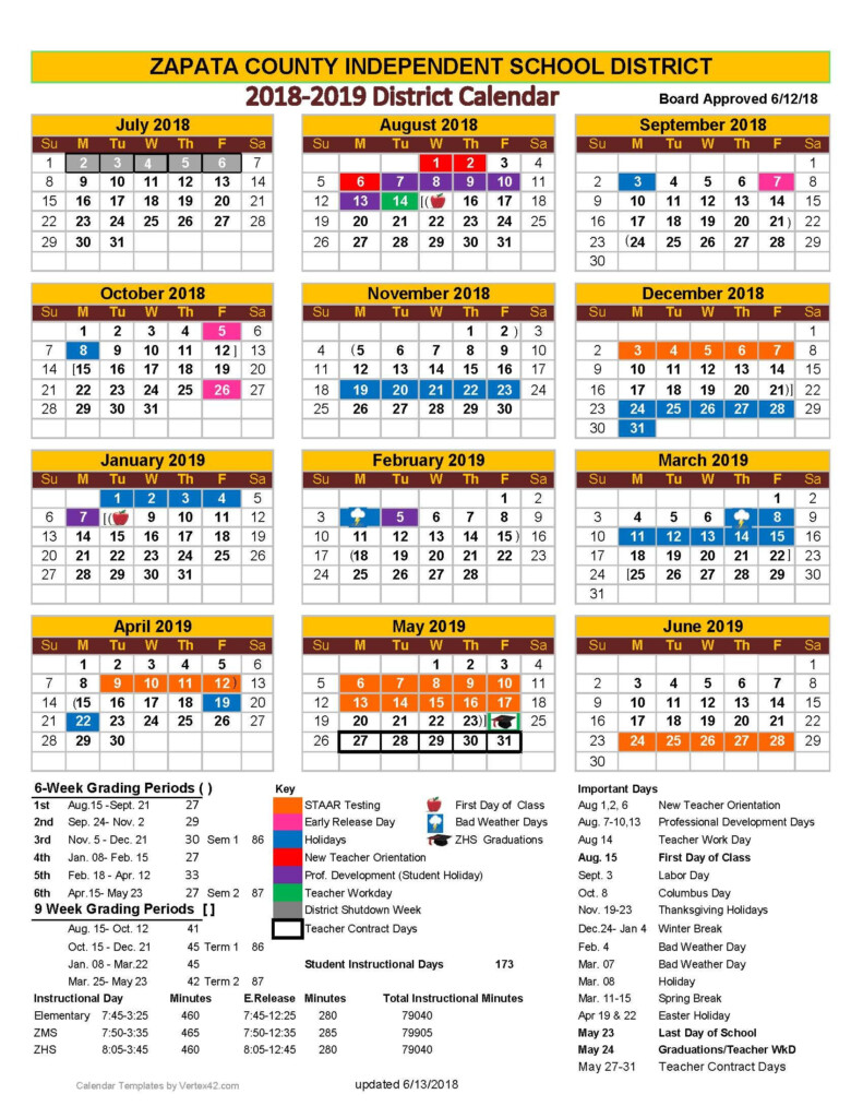 Zapata County Independent School District Calendar 2019 And 2020 